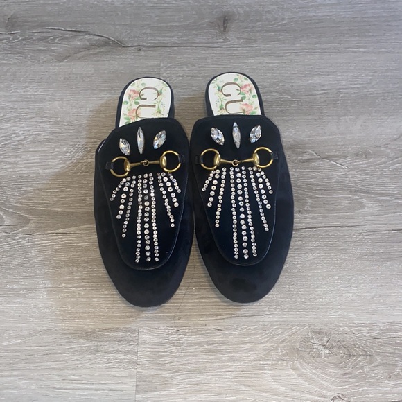 SOLD ❤️ Gucci Black Princetown Velvet Crystals Mules SZ 7 - Picture 3 of 11
